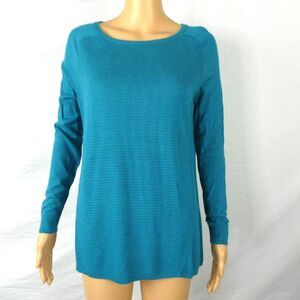 Trouve Teal Wide Neck Ribbed Striped Pullover Sweater Long Sleeve Blouse Top